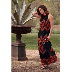 Ralph Lauren Dress Western Print Southwestern Maxi Strappy Back High Neck Sz 00